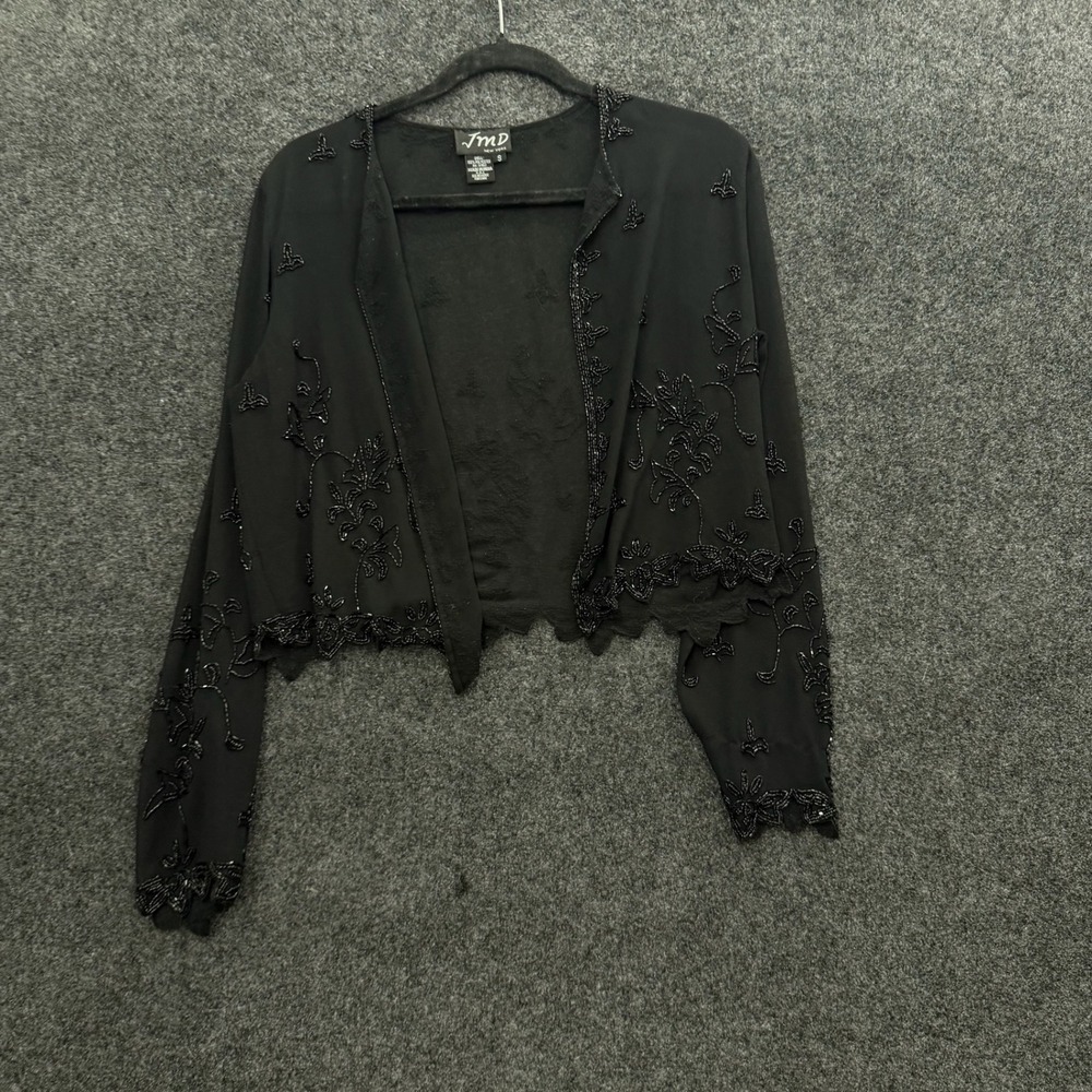 Vintage JMD New York Black Beaded Bolero Jacket Cropped Floral Shrug Small